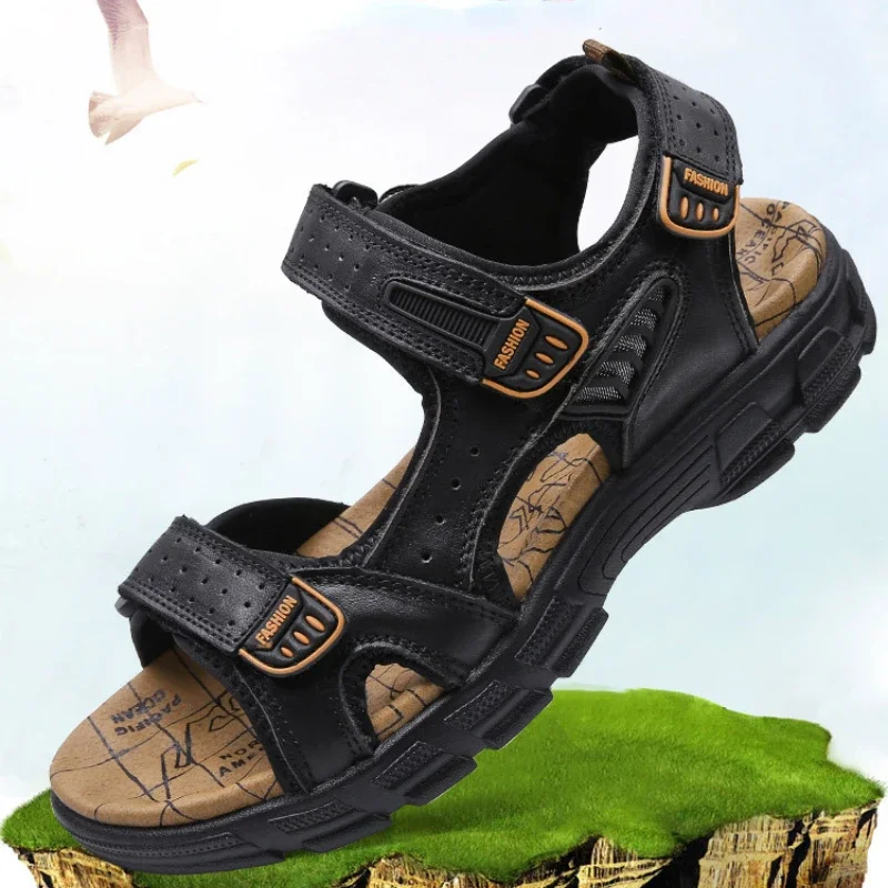 Summer Sandals Men's Platform Open Toe First Layer Cowhide Men's Beach Shoes Soft Bottom Fashion Large Size Outdoor Casual Shoes