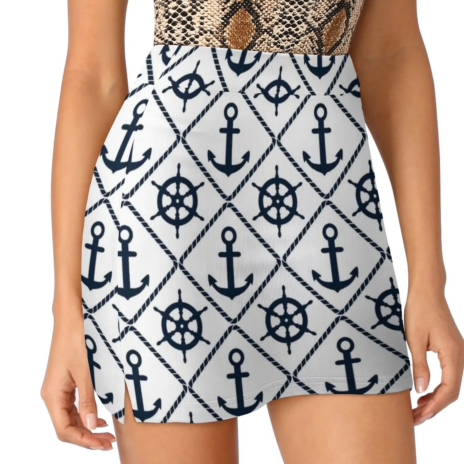 Anchor And Wheel Nautical-Navy And White Women's skirt Mini Skirts A Line Skirt With Hide Pocket Nautical Wheel Anchor Nautical