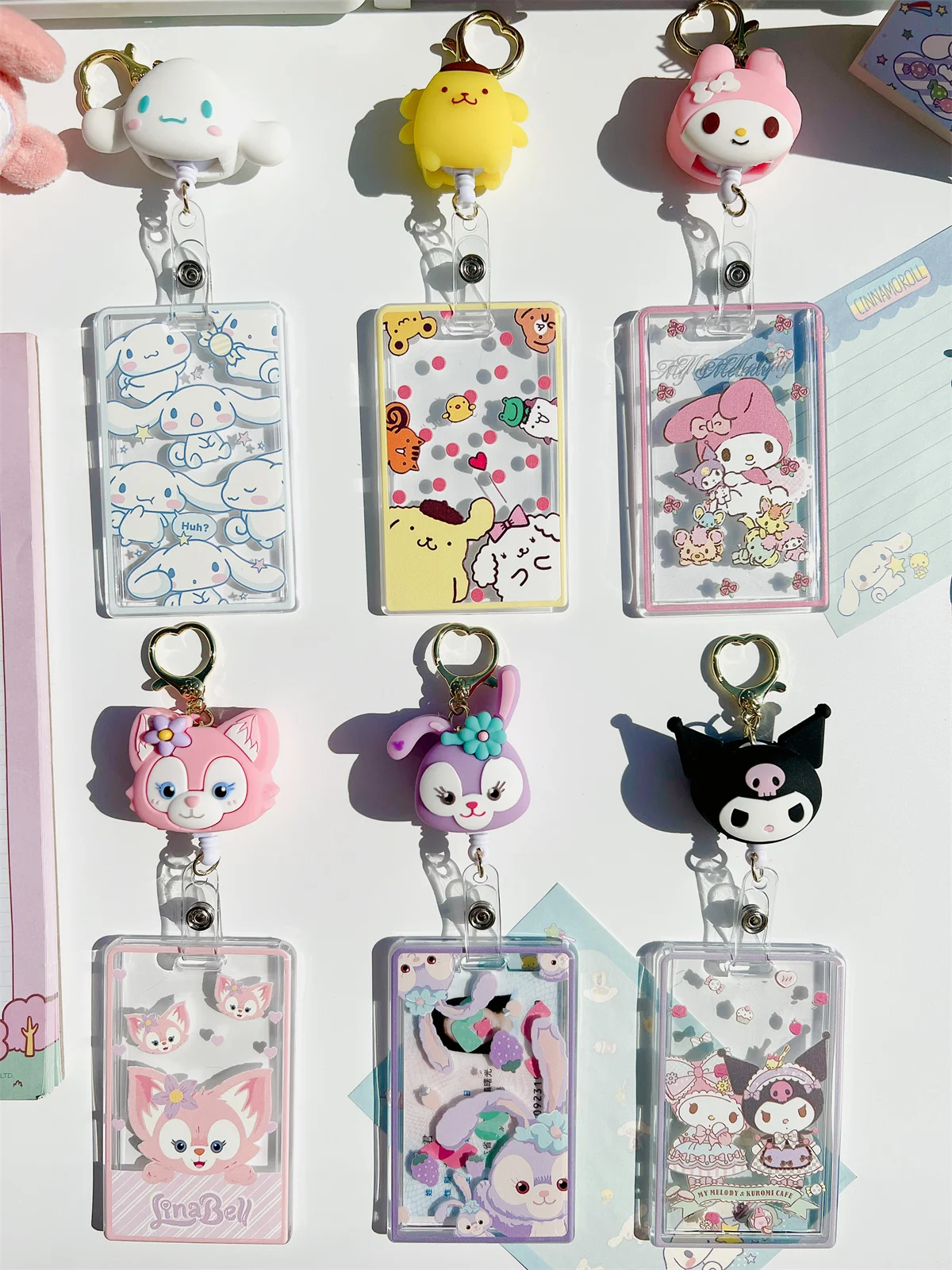 Sanrio Cinnamoroll Kuromi Mymelody kawaii Cartoon Acrylic Transparent Card Cover Case Retractable Pull KeyChain Photo Holder