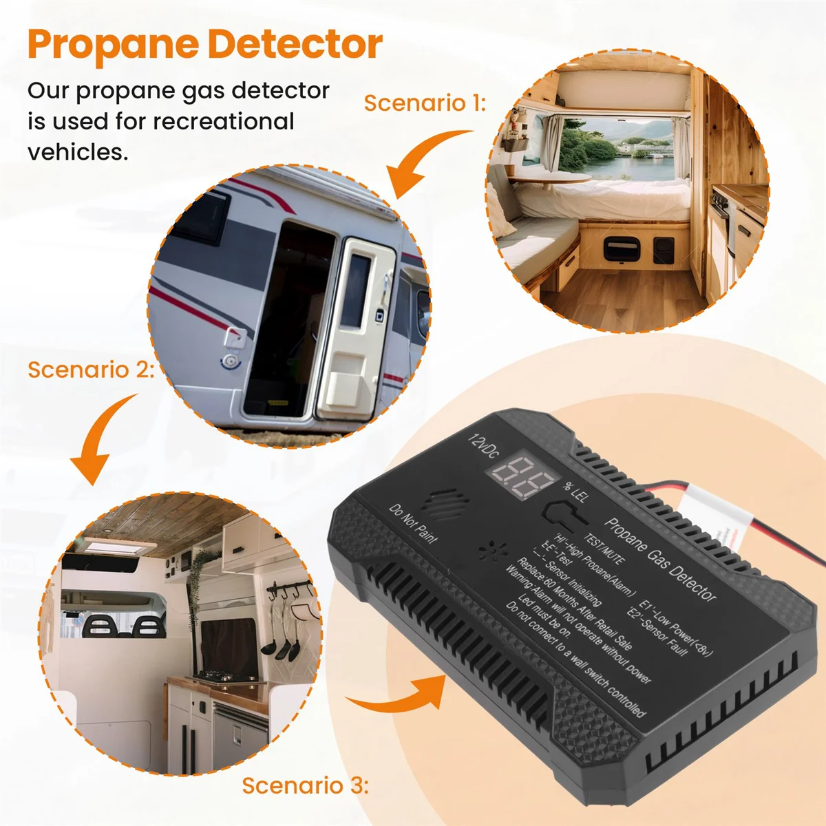 เครื่องตรวจจับโพรเพน 12V LPG Natural Gas Sensor สัญญาณเตือนการรั่วไหล 85DB ไซเรนสําหรับรถ RV Home Digital Propane Tester Meter (สีดํา)