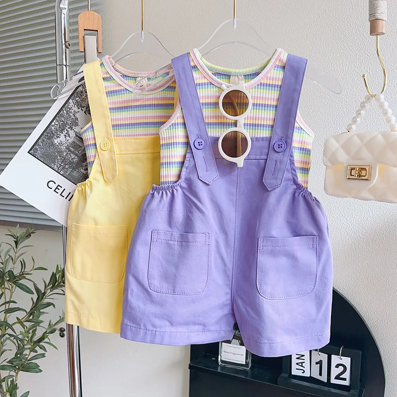 Girls Clothes Set Summer 2024 Cute Ball Tail Backband Pants+ Colorful Striped Tank Top Two Piece Set Baby Girls Clothes Suit