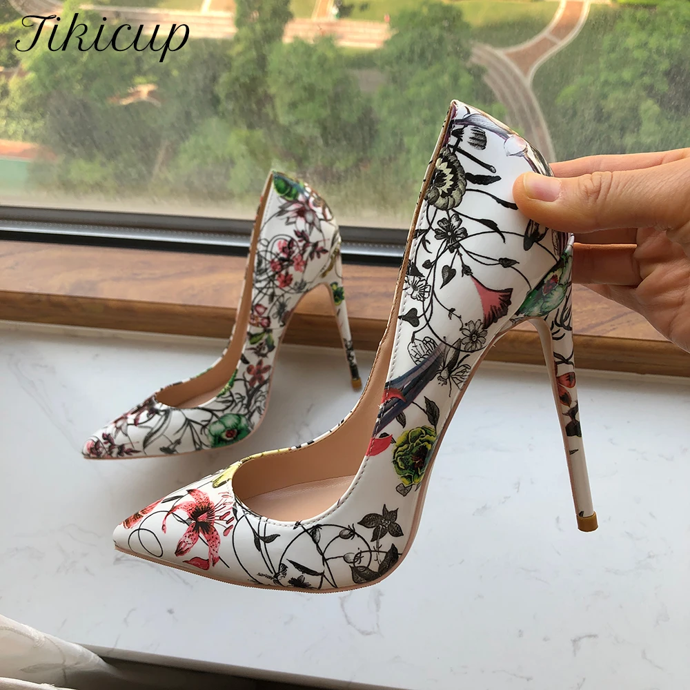 Tikicup Flower Printed Women White Patent Pointy Toe High Heel Wedding Party Dress Shoes 12cm 10cm 8cm Floral Stiletto Pumps