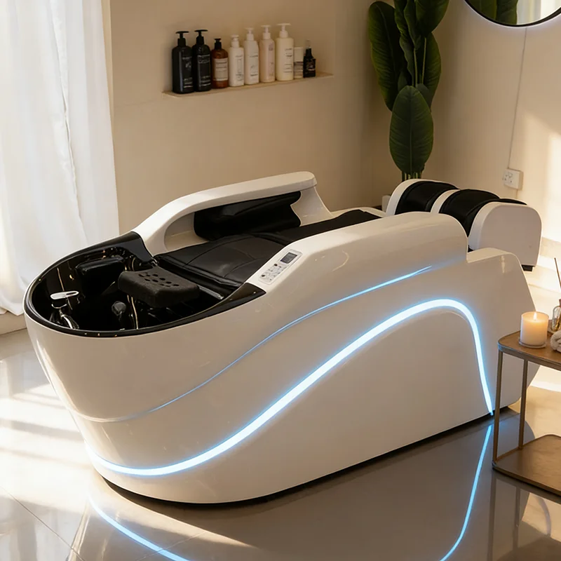 

qk-Multifunction Barbershop Equipment Head Therapy Washing Modern Luxury Beauty Salon Electric Massage Shampoo Bed with Lights@