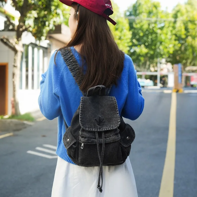 Fashion Drawstring Denim Backpacks Softback Lightweight Durable Backpacks 2026 High Quality Sewing Thread Sweet School Bags