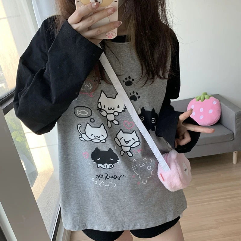 Japanese Kawaii Women T Shirt Fall Cartoon Print Sweet Loose Long Sleeve Tees Harajuku Aesthetic Cute All Match O Neck Tops New