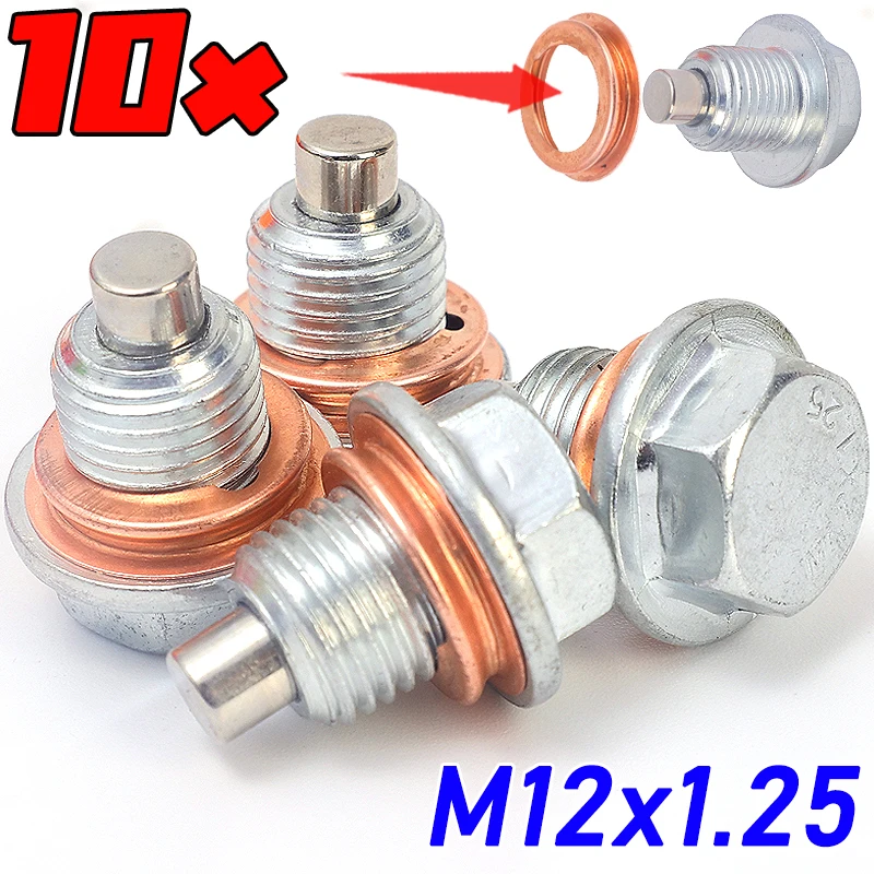 M12x1.25 Magnetic Oil Drain Screw Gasket Kit Car Engine Oil Pan Oil Drain Plug Automotive Replaceable Parts for Nissan Vehicles