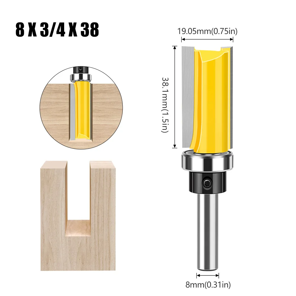 3/4" Straight Bit with Bearing Hinge Flush Trim Router Bit for Wood 8mm Shank Mortising Template Pattern Bitting Trimmer Cutter