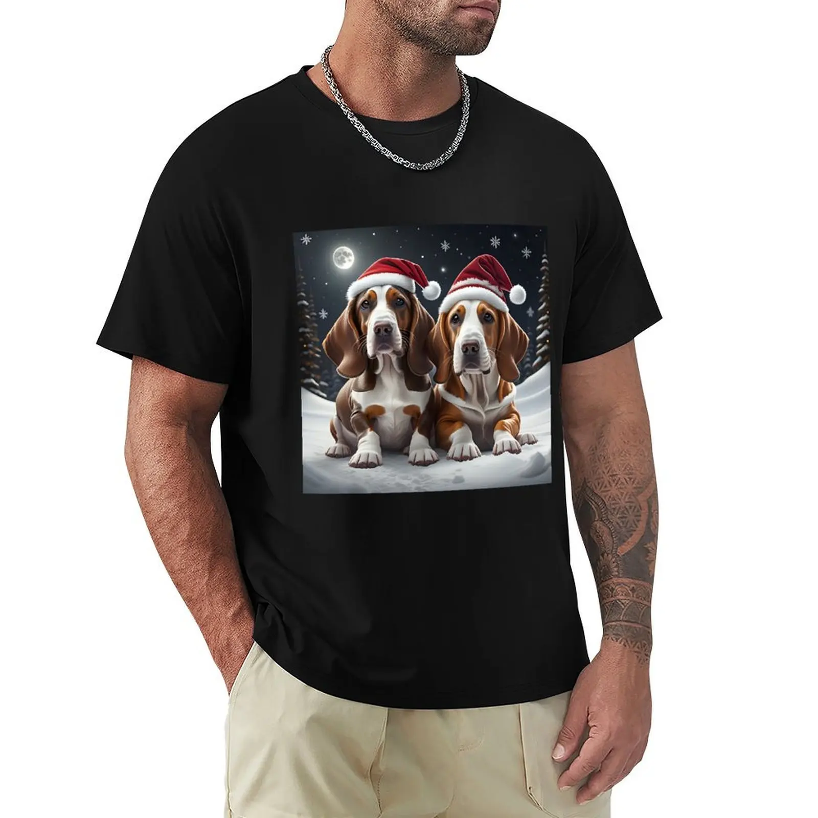 Basset hound dogs in a Winter Wonderland T-Shirt man t shirts graphic T-Shirt