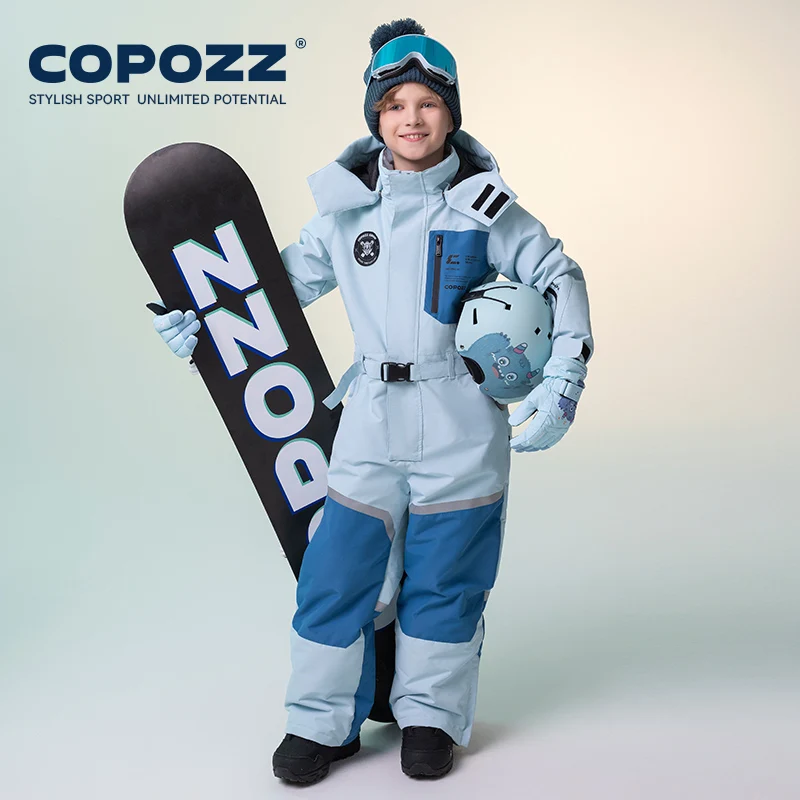 COPOZZ 2025 Children One-Piece Ski Jumpsuit Outdoor Sports Snowboard Overalls Waterproof Winter Ski Suit Jumpsuit Hooded For kid
