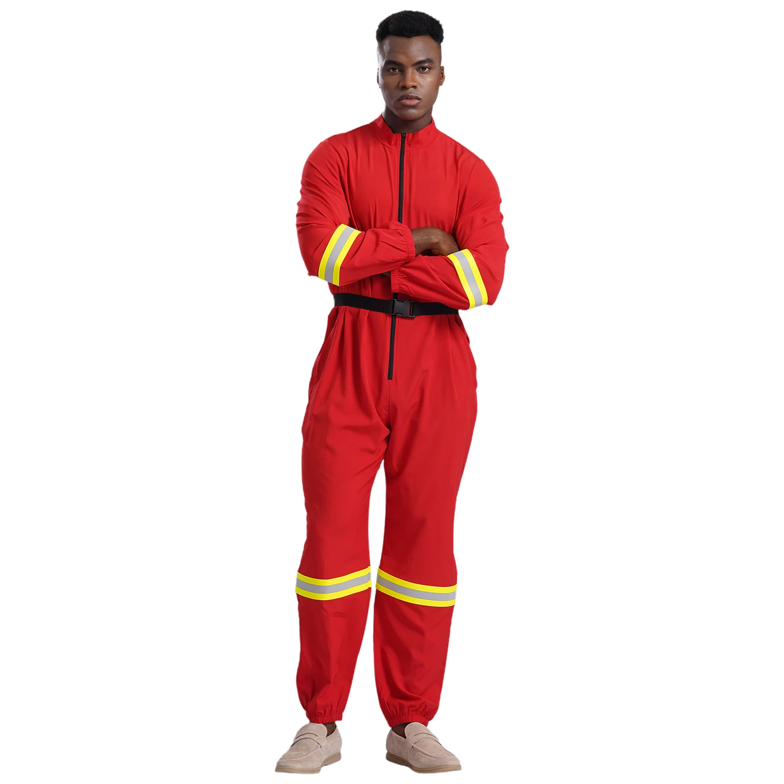 Mannen Brandweerman Cosplay Halloween Kostuums Jumpsuit met Riem Stand Kraag Lange Mouw Rits Rompertjes Carnaval Clubwear