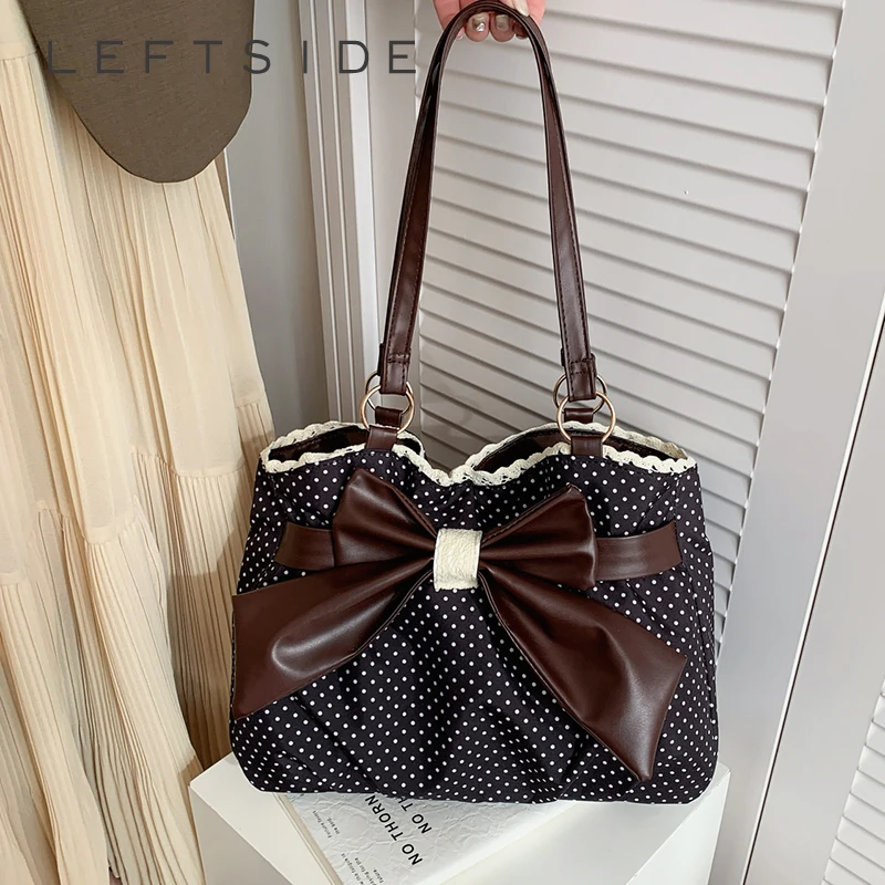 

Женская сумка-тоут LEFTSIDE из ткани в горошек с бантом и кружевом, в стиле ретро, эстетичная, для повседневного использования, свиданий, шопинга, сумка через плечо 2026