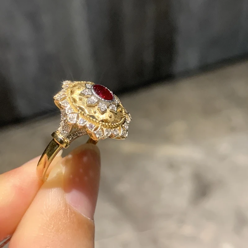 Aazuo Fine Jewely Vintage Style 18K Yellow Gold  Natrual Ruby Real Diamonds Flower Rings For Girls & Women Senior Banquet Party view 2