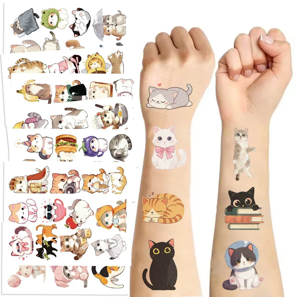

10pcs Cute Cartoon Watercolor Cat Pattern Temporary Waterproof Tattoo Kids Stickers Face Body Transfer Fun Party Props Gift