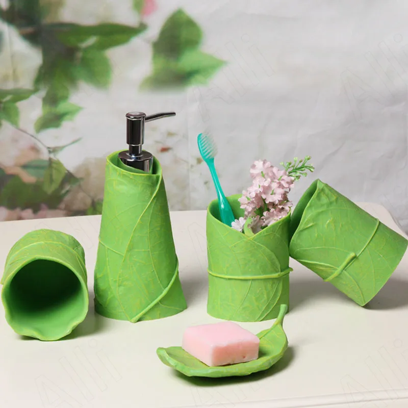 

Northern Europe Resin Bathroom Five Piece Set Leaf Shape Soap Dish Restroom Desktop Shower Gel Organizer Bathrooms Accesories