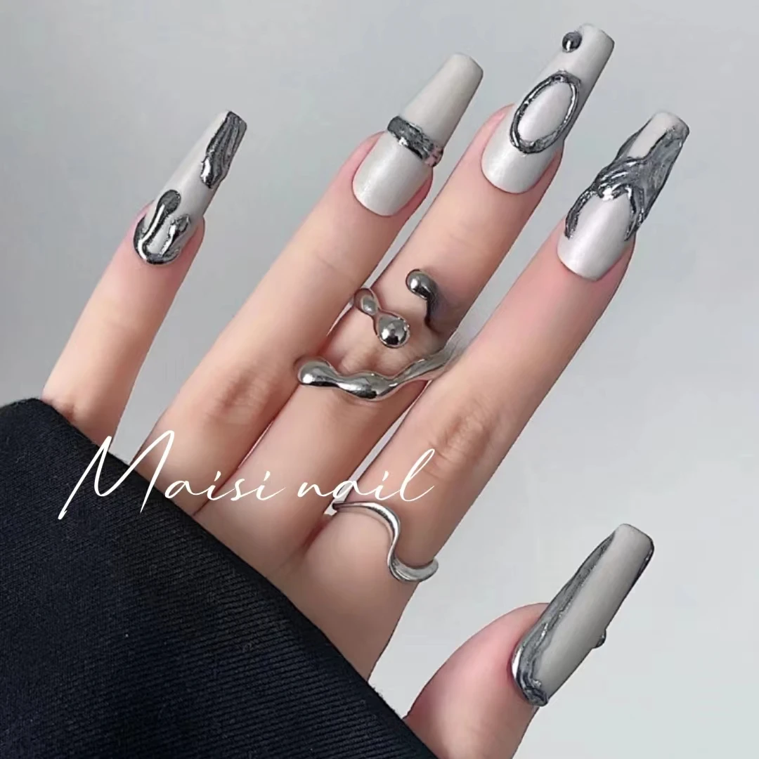 Dark Gothic Matte European and American Spicy Handmade Nail Beauty Autumn and Winter Hot Selling Liquid Silver Wearing Armor