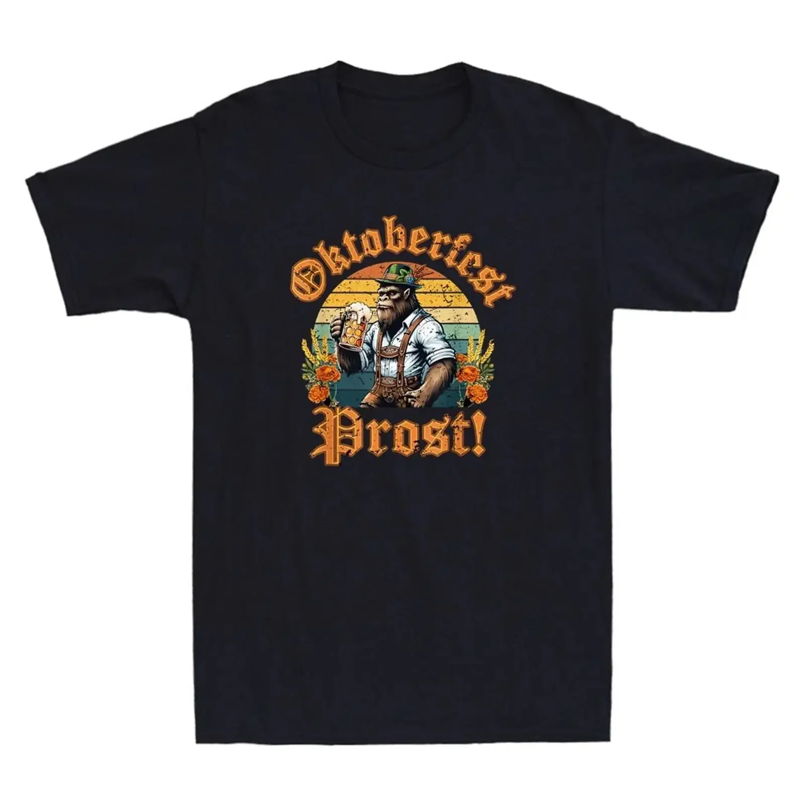 German Bigfoot Lederhosen Oktoberfest Prost Beer Mug Vintage Men's T Shirt vintage Washed Soft Casual Comfortable Unisex