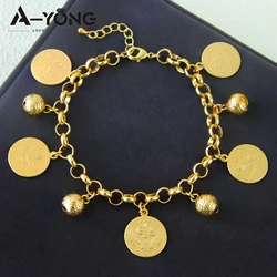 Saudi Muslim Gold Color Coins Bracelet 21k Gold Plated Elegant Balls Bangles Nigeria Brazilian Women Wedding Party Jewelry