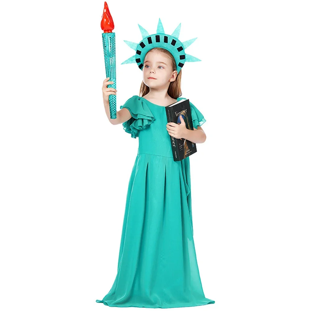 Children Girls Statue Of Liberty Cosplay Ancient Greek Goddess Costume Halloween Purim Fancy Party Green Chiffon Long Dress