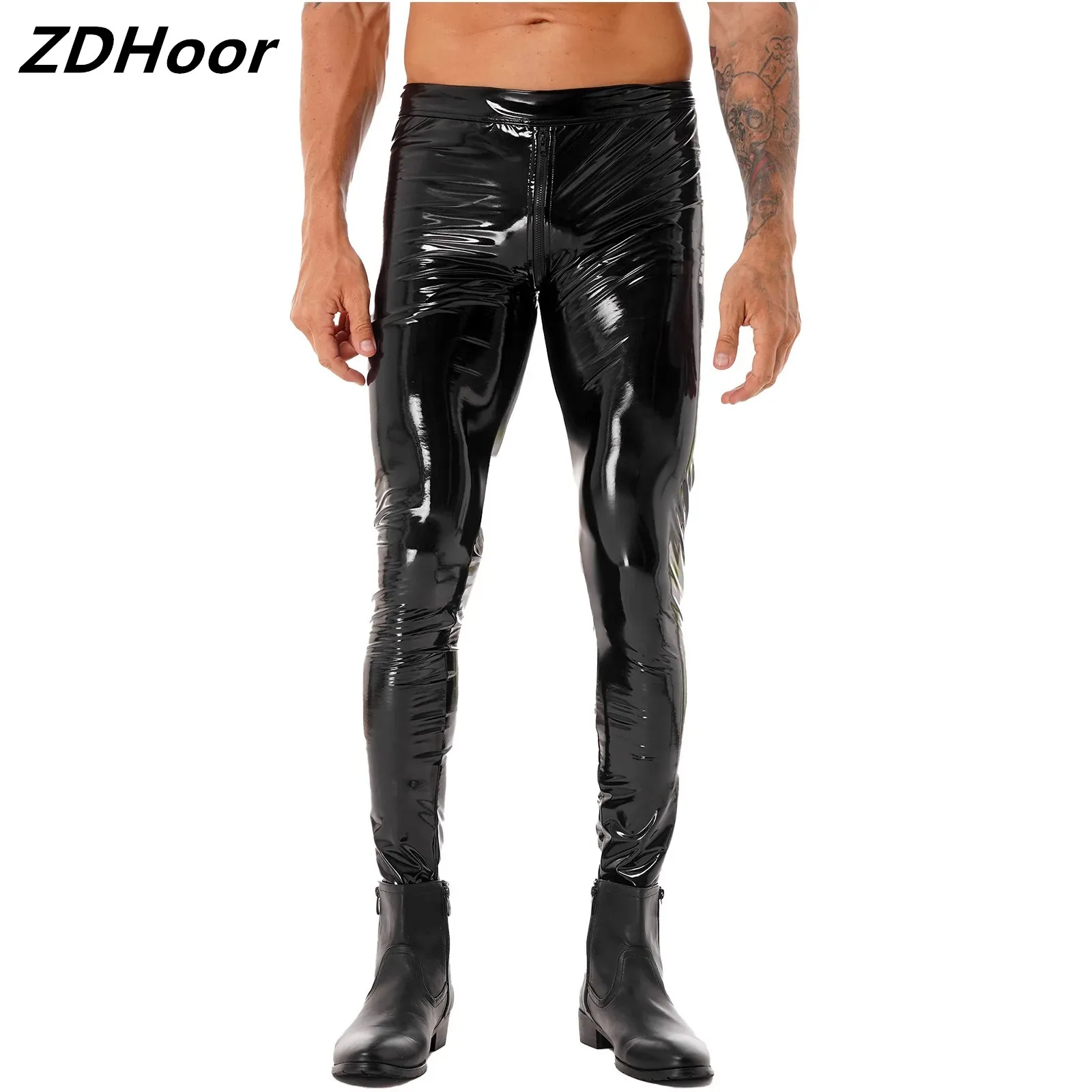 

Mens Two-way Zipper Crotch Trousers Wet Look Patent Leather Skinny Pants Clubwear Leggings