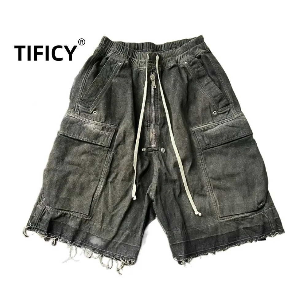 High Street RO Style Coated Waxed Ribbon Multi Pocket Workwear Denim Shorts Men's New Five Inch Jeans Shorts Men Clothing