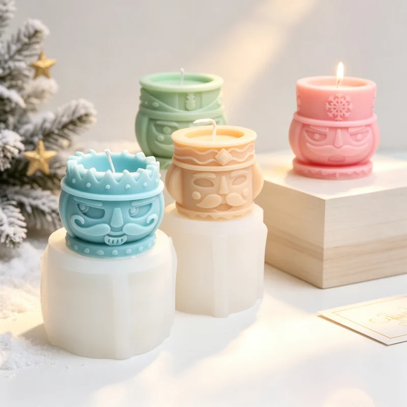 Christmas Nutcracker Head Cup Silicone Candle Mold Snowflake Crown Mustache Soldier Hat Resin Soap Mould  Xmas Table Decor Craft