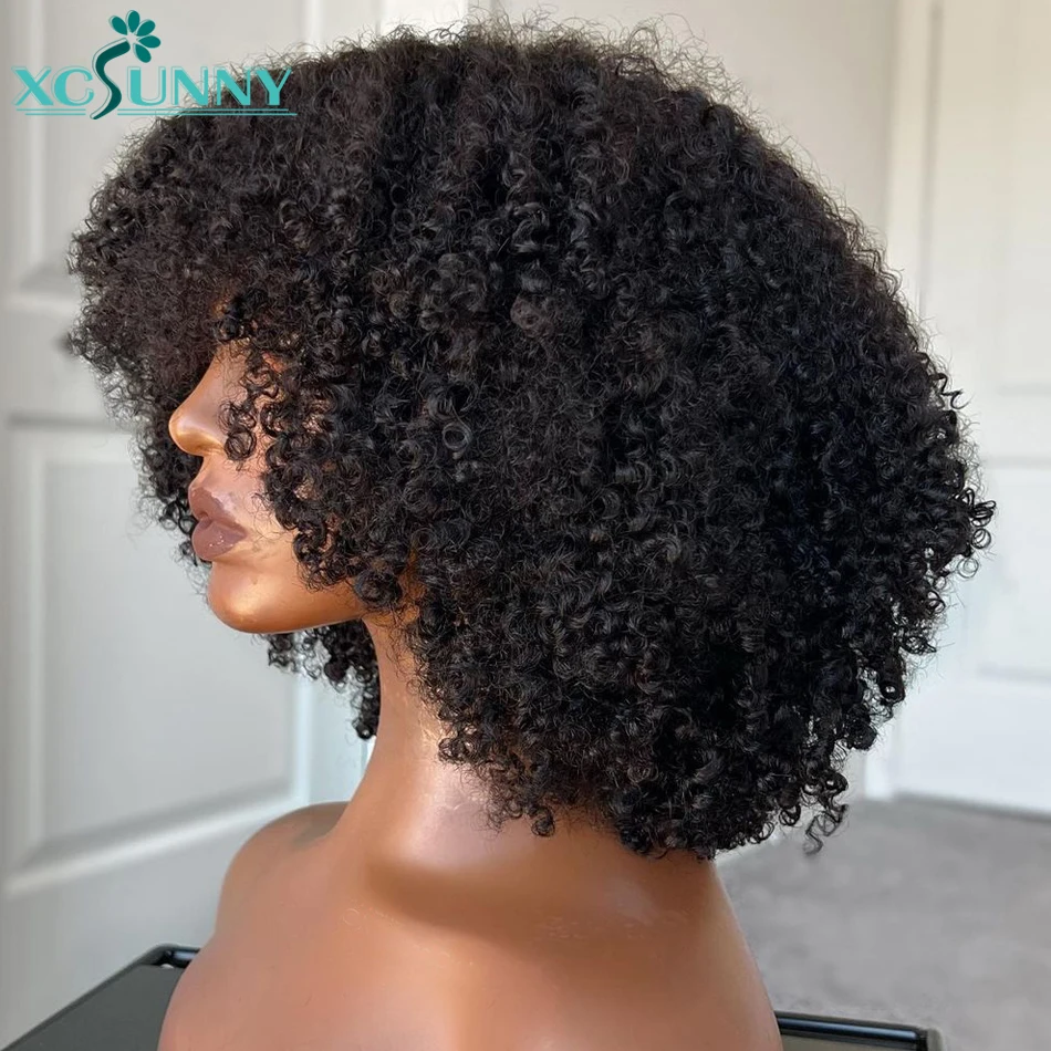 Kinky Curly Bang Wig Human Hair Short Curly Human Hair Wigs With Bangs Full Machine Made Wig Glueless Natural Hair Xcsunny