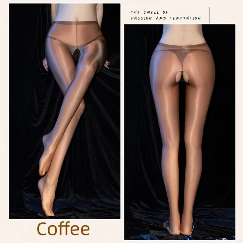 M XL Plus Size Oil Glossy Satin Pantyhose High Elastic Open Crotch Wet-look Tights Sexy Lingerie Silky Clubwear For Women