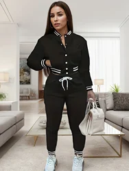 2024 Cross border Autumn Top European and American Women's Solid Color Jacket Single breasted Baseball Set Women's Sports Two Pi