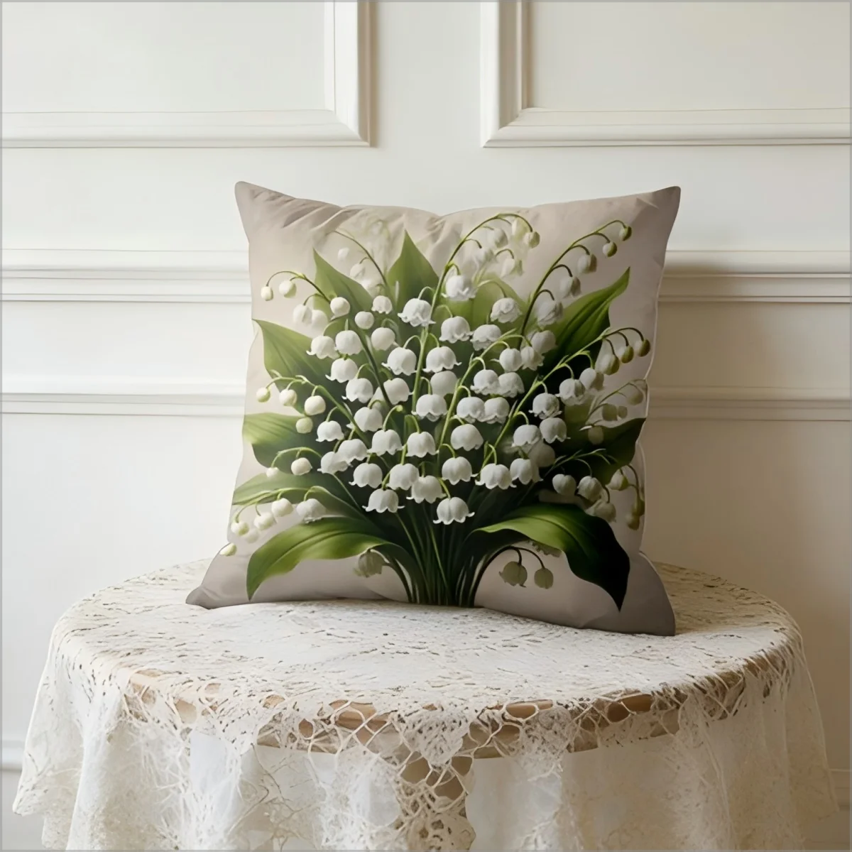 Eleganter Maiglöckchen-Kissenbezug, Vintage Weißer Blumendruck, Botanischer Druck, Kissenhülle für Sofa, Bett, Couch, Boho-Heimdekoration