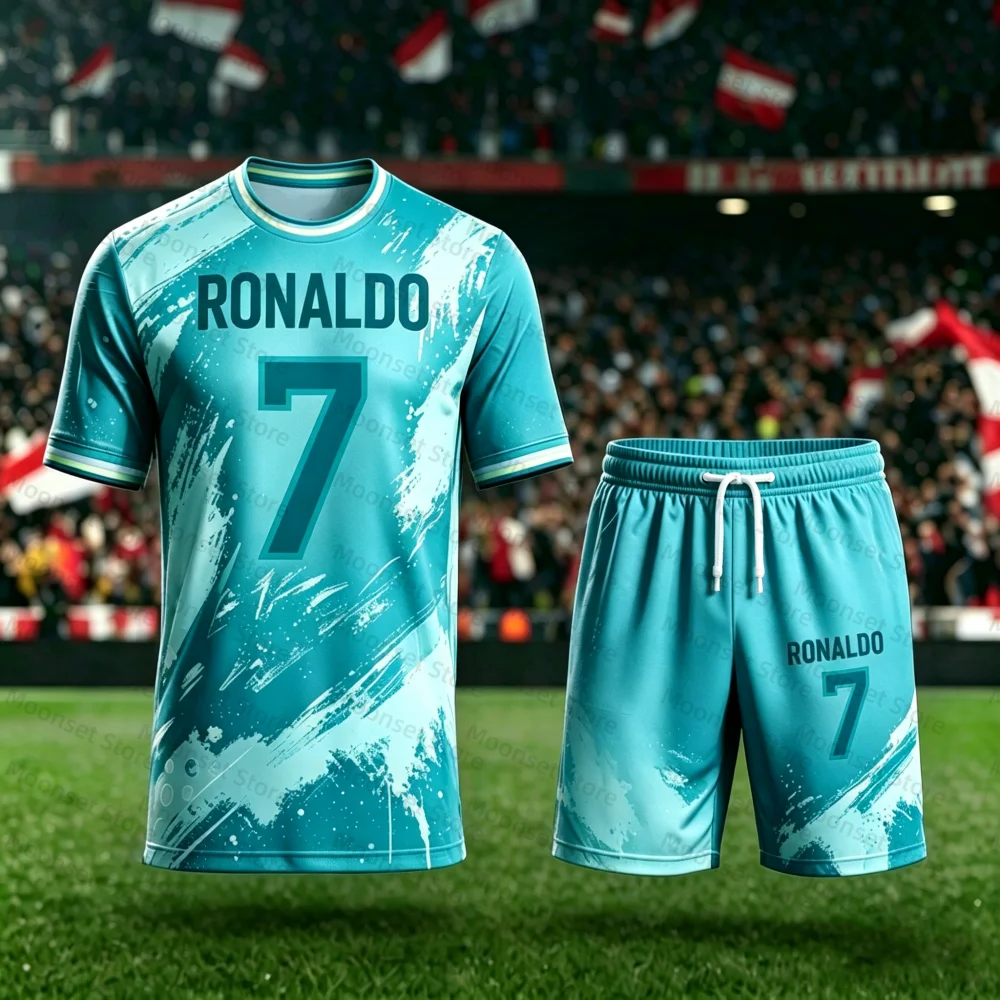 Ronaldo 7 #   Conjunto de Camiseta de Futebol para Homens e Crianças, Camiseta de Secagem Rápida e Respirável, Camiseta de Manga Curta e Calções para Treinamento