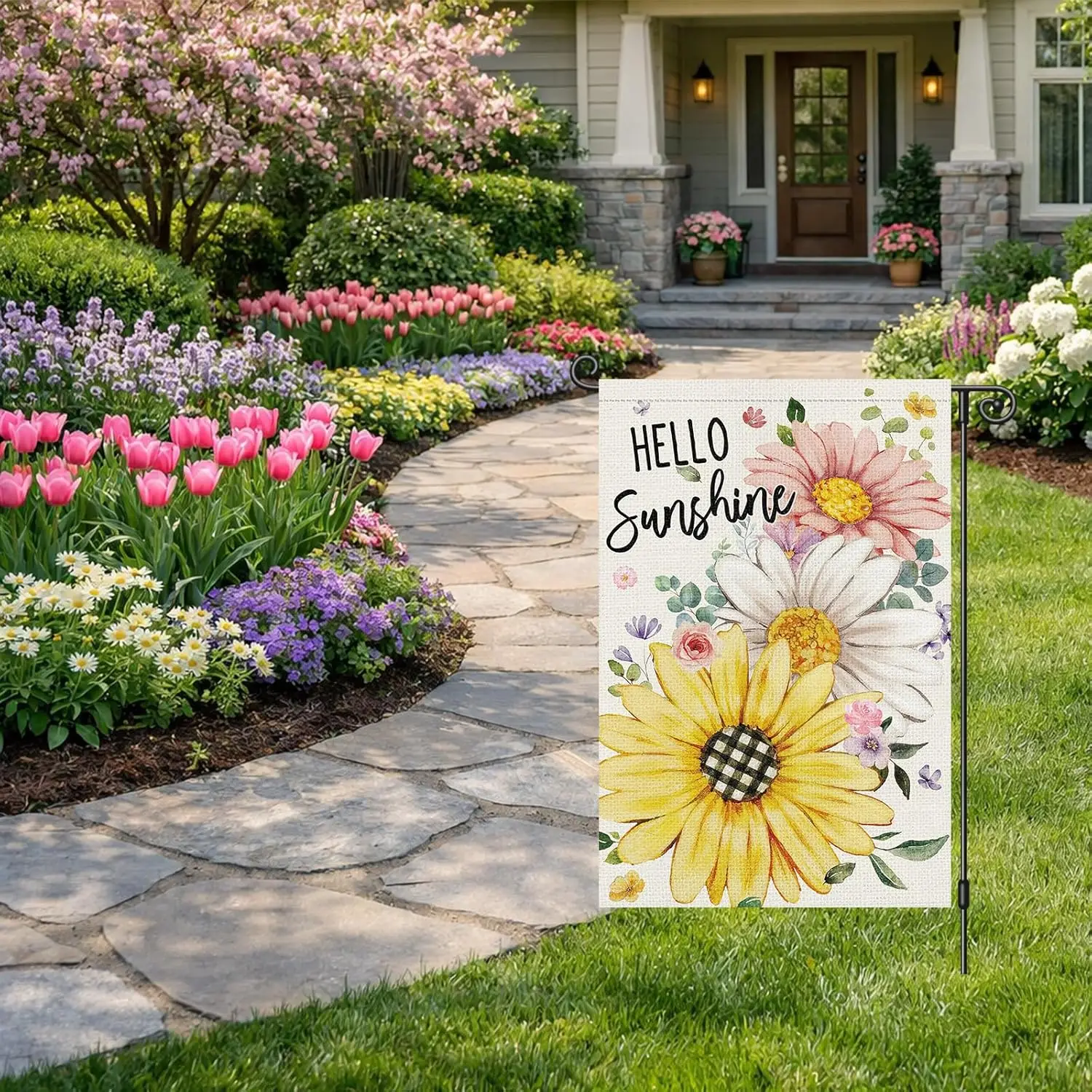 Heyfibro Hello Sunshine Garden Flag 12x18 Inch Double Sided Spring Floral Yard Flag Summer Sunflower Daisy House Flag for Ou AAS