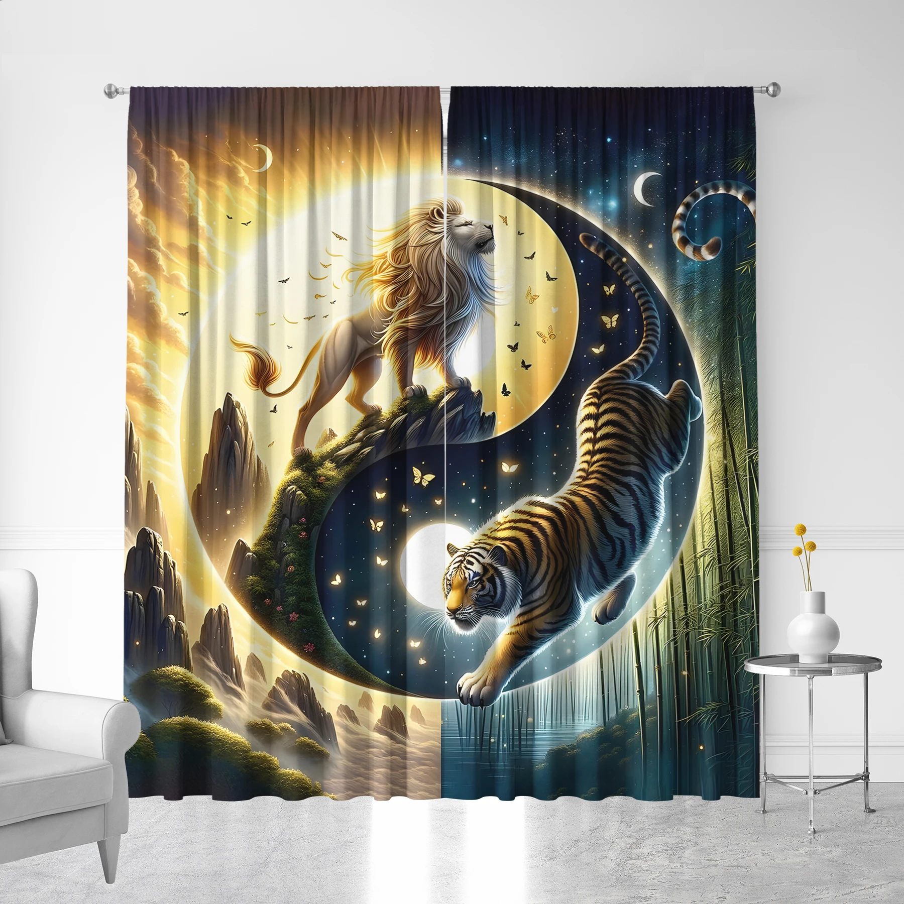 2PC Curtains With Tai Chi Style Animal Prints Lion And Tiger Are Suitable For Kitchens,Cafes, Living Rooms, Balconies, Gardens