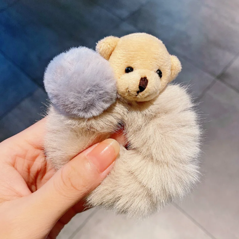 Korea Cute Plush Bear Hair Scrunchies Ties Winter Cartoon Pompom Bear Hair Bands Women Girls Hair Accessories Plush Hair Ring