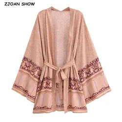 BOHO Women Apricot Flower Print Kimono Shirt Holiday Tide Bow Sashes Mid Long Cardigan Summer Blouse Beach Cape