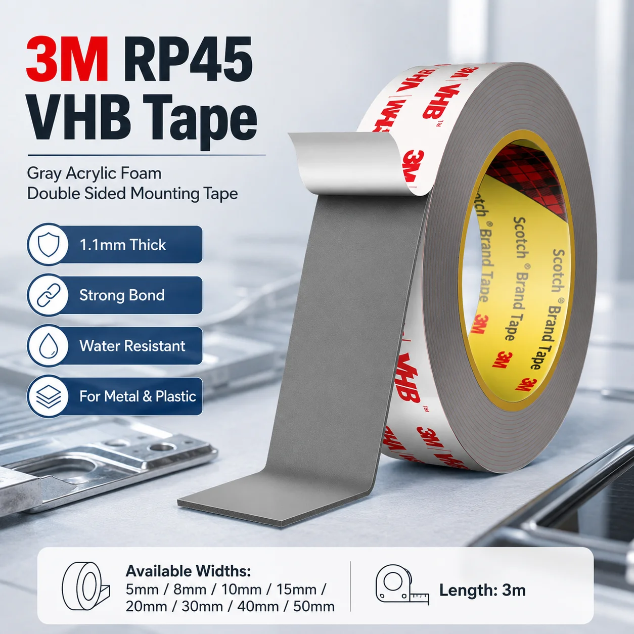 3M RP45 VHB Tape 1.1mm Gray Acrylic Foam Double Sided Mounting Tape Strong Bond For Automotive Electronics Metal Plastic 3m