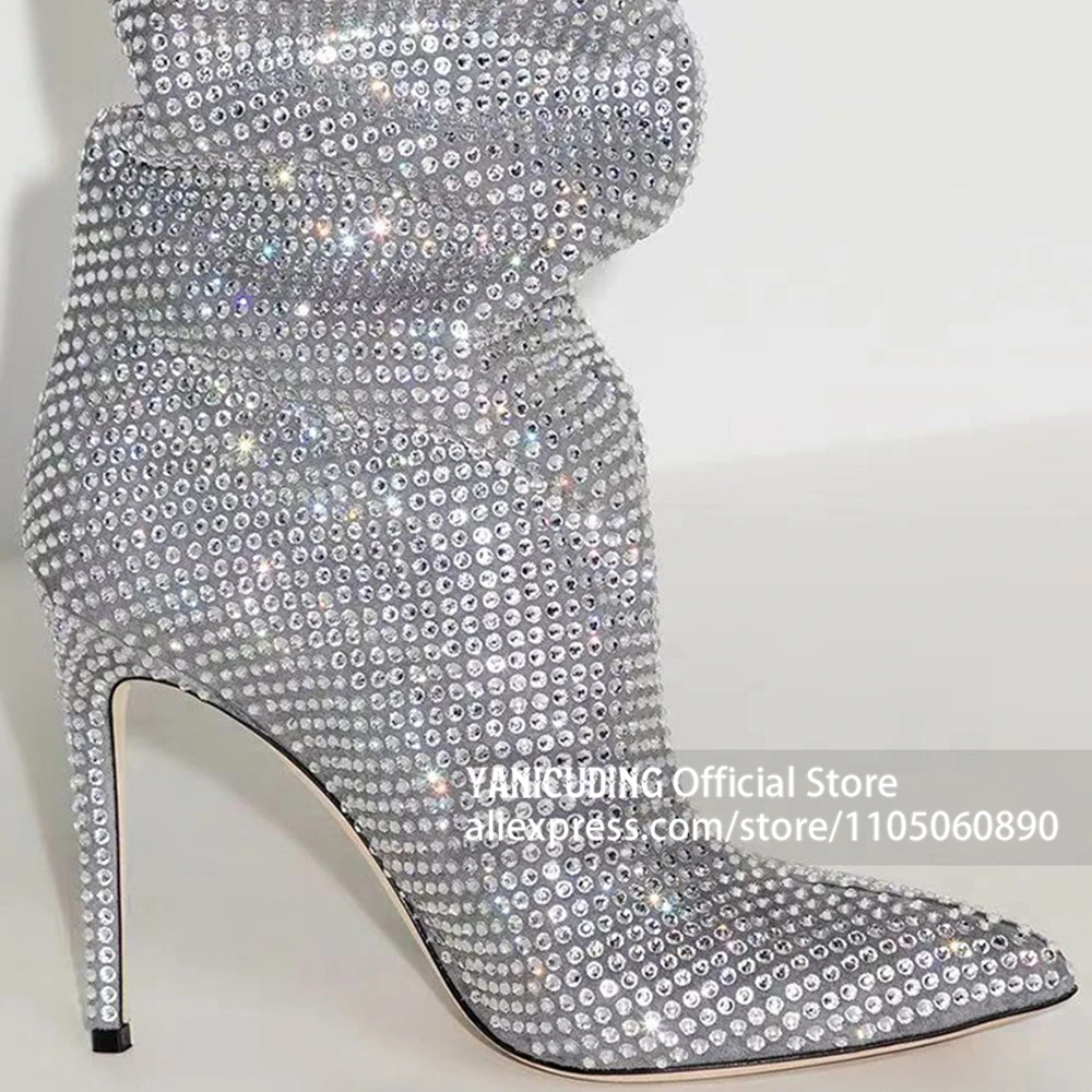 Full Rhinestone Slouchy Over The Knee Boots Sparkly Crystal Pointed Toe Thigh High Boots Glitter Rhinestone Ruched Stiletto Boot