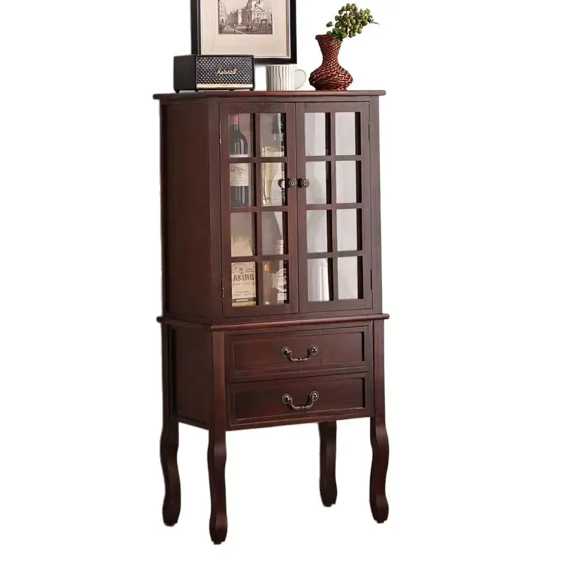 Solid Wood Wine Cabinet Double Door Glass Display Storage European Retro Living Room TV Side Console Decorative Locker