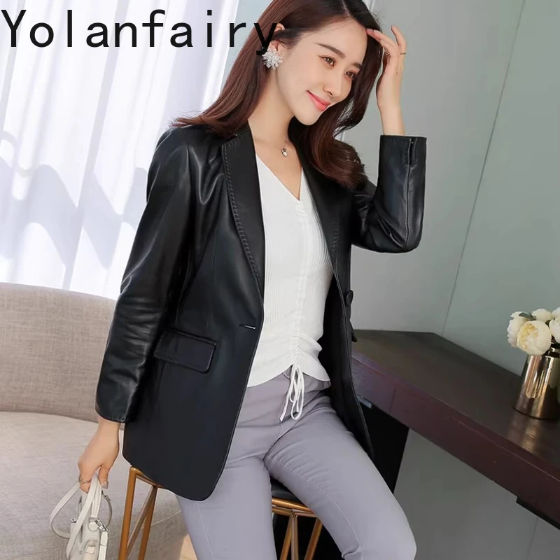 YOLANFAIRY 100% Skórzana Kurtka Damska 2025 Wiosna Jesień Koreańska Moda Dopasowany Krój Prawdziwa Skóra Owcza Kurtki Płaszcze
