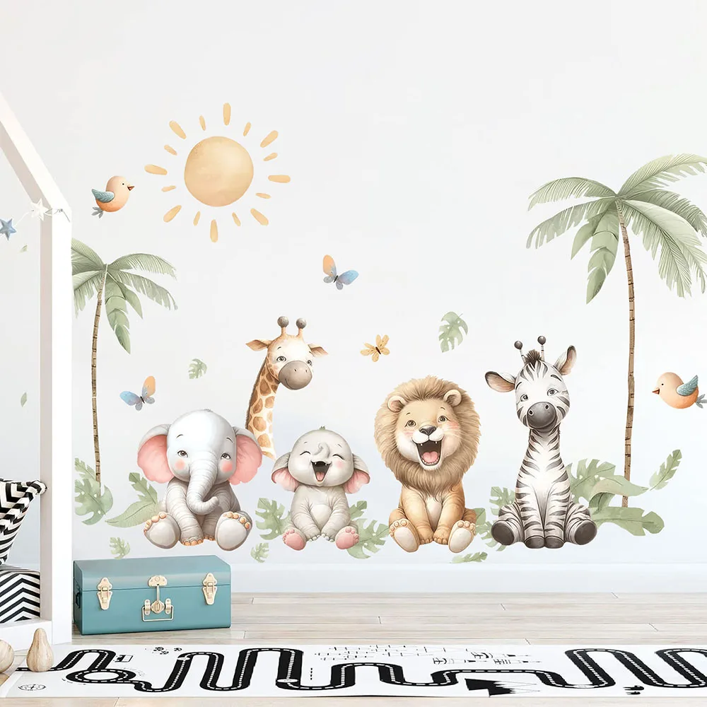 Watercolor Jungle Safari Animal Wall Stickers  Lion Elephant Zebra Tropical Palm Tree Wall Decals Bedroom Playroom Home Decor view 2