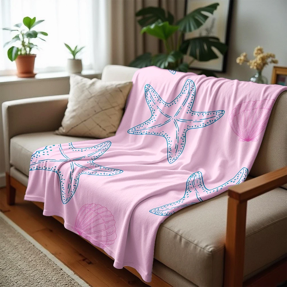 Pink Line Starfish Shell Tile Anime Cartoon Flannel Blanket Soft Warm Throw for Bedroom Sofa Car Kids Holiday Gift