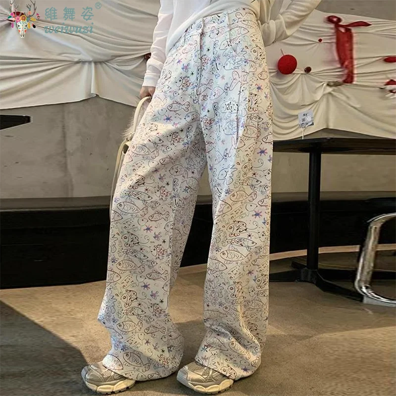 Cute Women's Jeans Cartoon Graffiti Fish Print Wide Leg Denim Pants Lady Casual High Waist Pants Loose Straight Jeans All Season