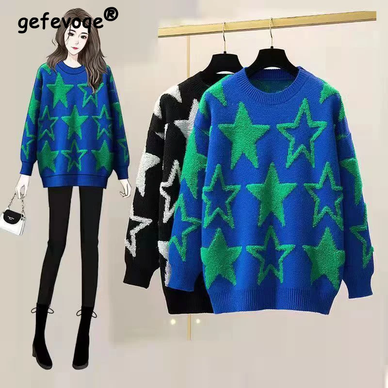 Korean Fashion Star Graphic Oversized Streetwear Harajuku Knitted Sweaters for Women Casual O Neck Long Sleeve Pullovers Jumpers