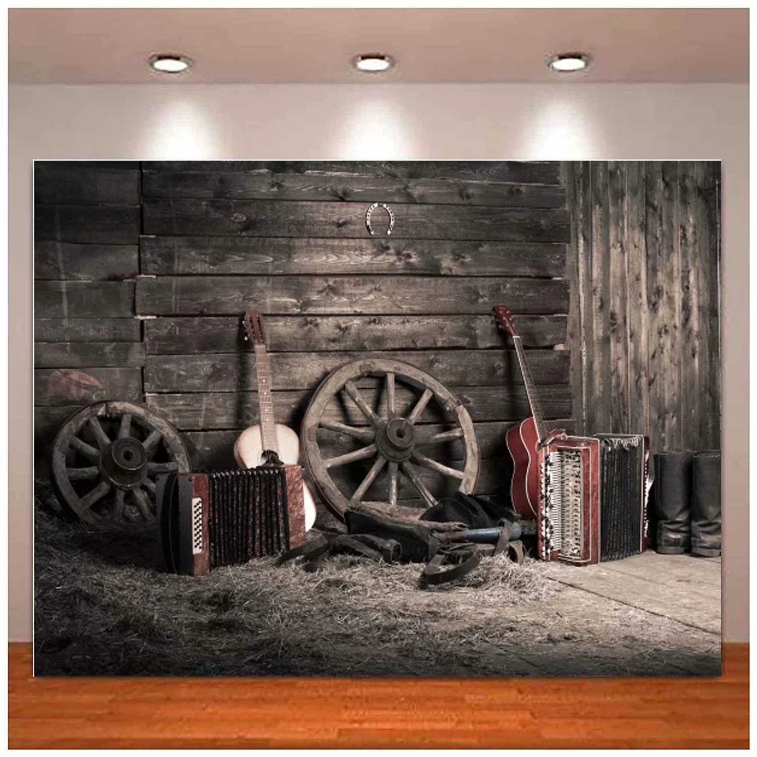 

Western Farm Photography Backdrop Old Barn Interior Guitar Rustic Wooden Board Country Scene Cowboys Decoration Photo Background