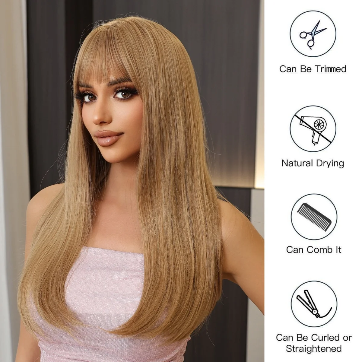 شعر مستعار ذهبي طويل مستقيم مع الانفجارات غير حادة للنساء ، شعر لوليتا تأثيري ، ألياف درجة حرارة عالية ، بني فاتح ، حفلة #4