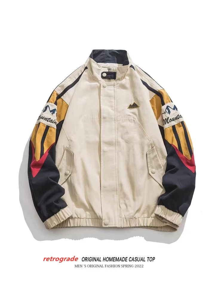 

American Sle Loose Men's Jaet Stand Collar Spring Autumn Couple's BF Sle Color Blo Casual Outerwear Top