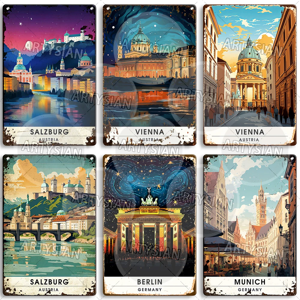 النمسا الأوروبية ألمانيا السفر سيتي سكيب علامة معدنية ميونيخ فيينا برلين كولونيا سالزبورغ لوحة معدنية #2