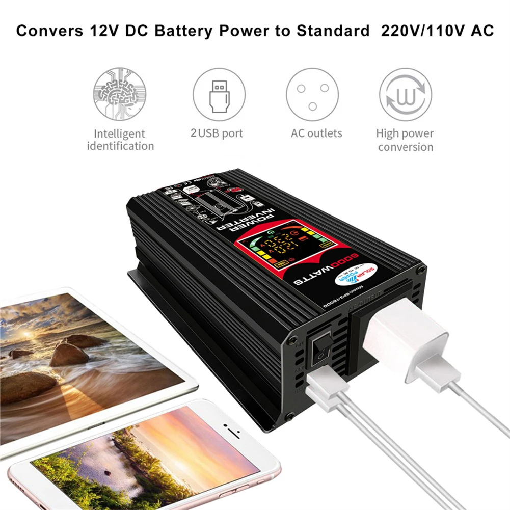 Inverter per auto da 6000W modificato Inverter intelligente per veicoli a onda sinusoidale Dual USB Digital Power Inverter DC 12V a AC 110V 220V