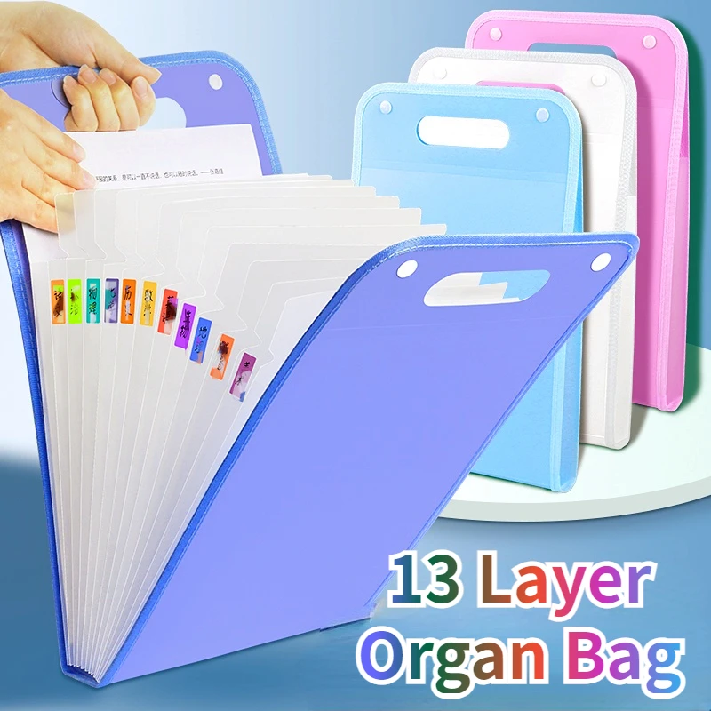 

13 Pockets Portable A4 Expanding File Folder Large Capacity Vertical Storage Organize Document Bag with Labels for school office