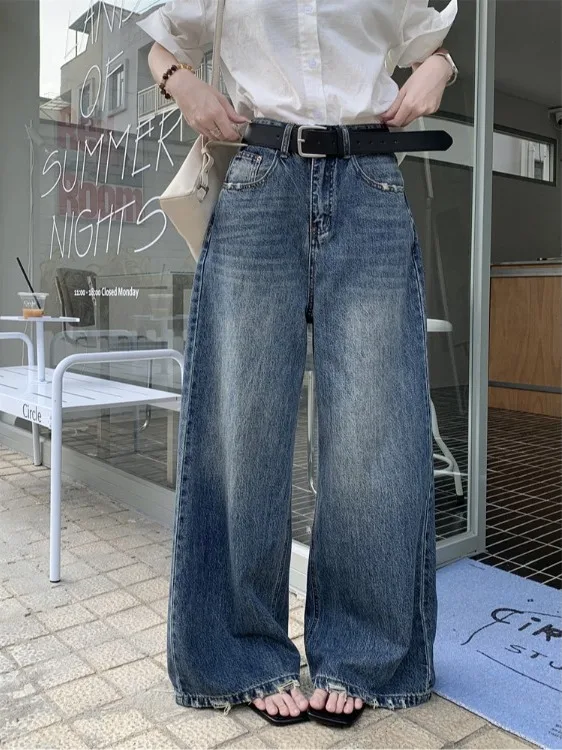 

Ретро американские широкие джинсы с завышенной талией, прямые брюки длиной до пола, женские осенние 202, новые повседневные синие брюки