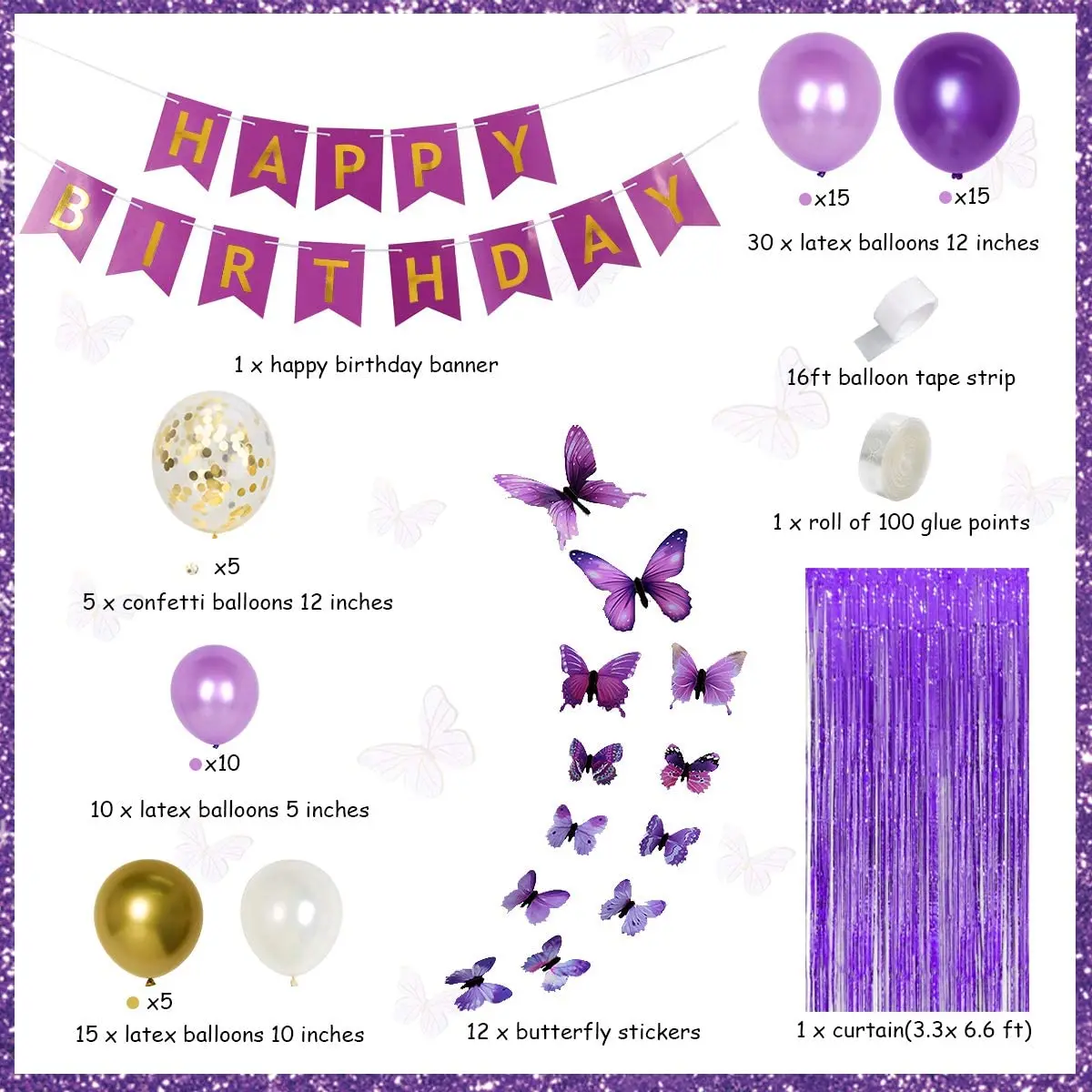 Butterfly Birthday Decorations, Purple Balloon, Garland Kit with Fringe Curtain, Happy Birthday Banner, Butterfly Stickers